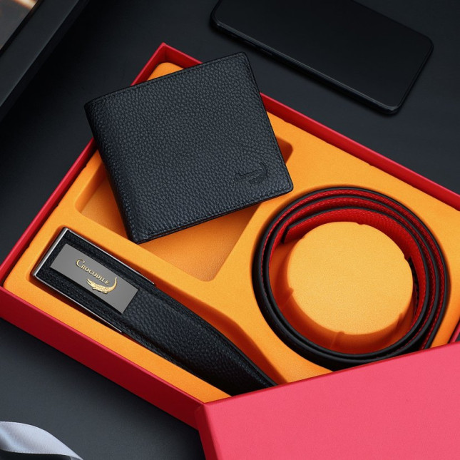 Crocodile Classic Leather Belt & Wallet Set – Black 17012971J01F